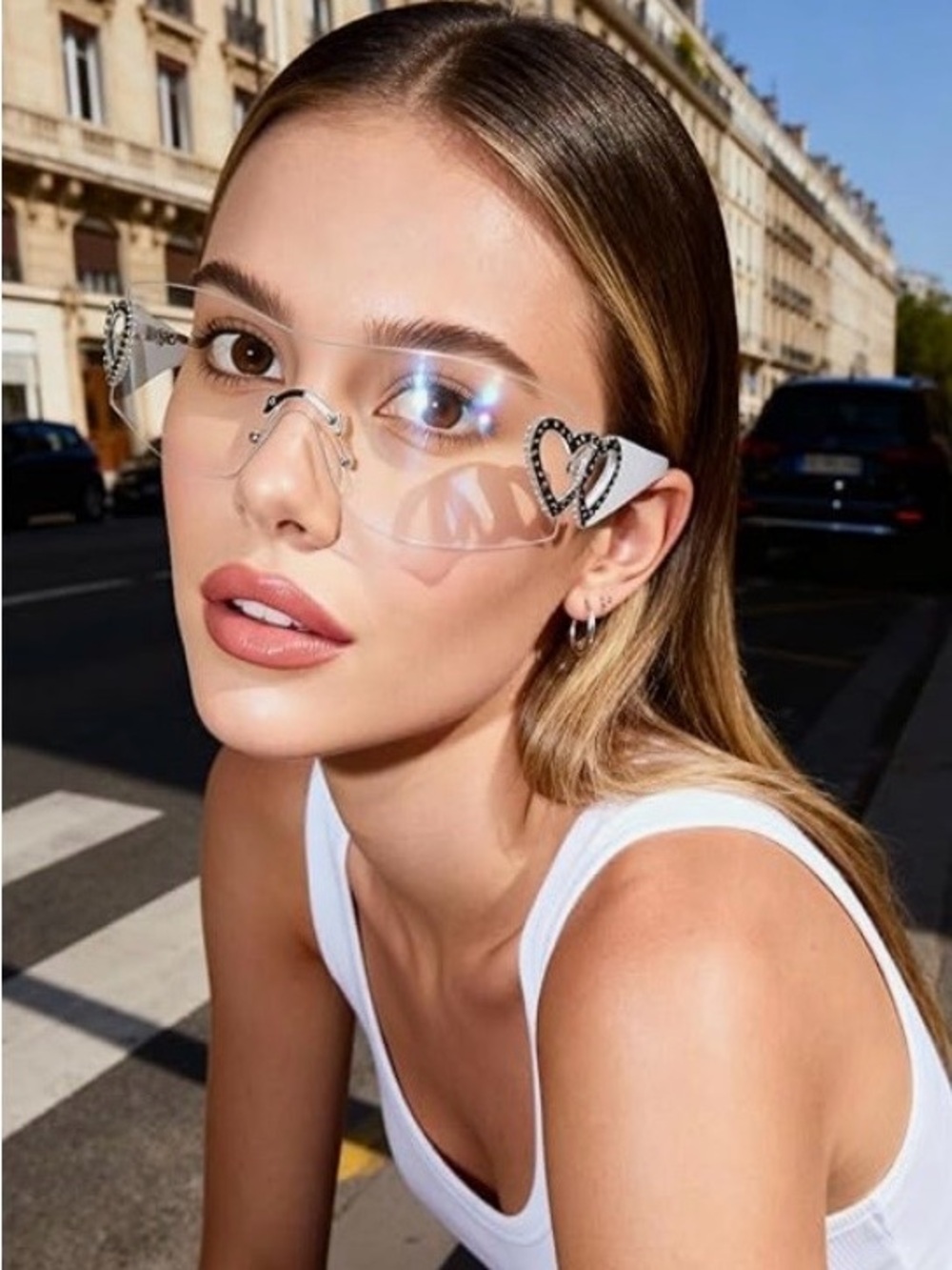 Amazon Y2K shield silver white heart bling Sunglasses
